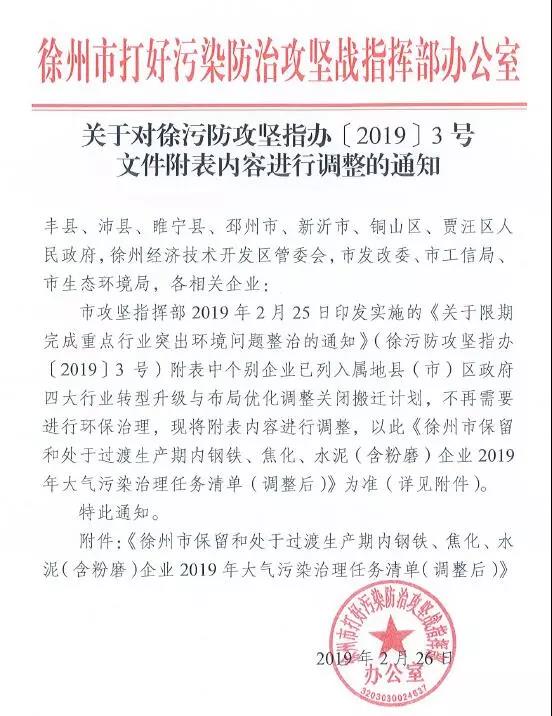 《徐州處于保留和過渡期內鋼鐵、水泥、焦化企業2019年大氣污染治理任務清單》